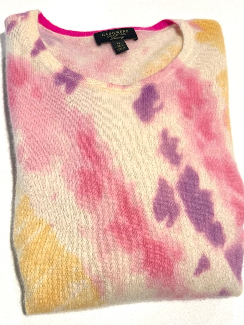 Charter Club Pink, Purple & Yellow Tie-Dye Crewneck 100% cashmere Sweater